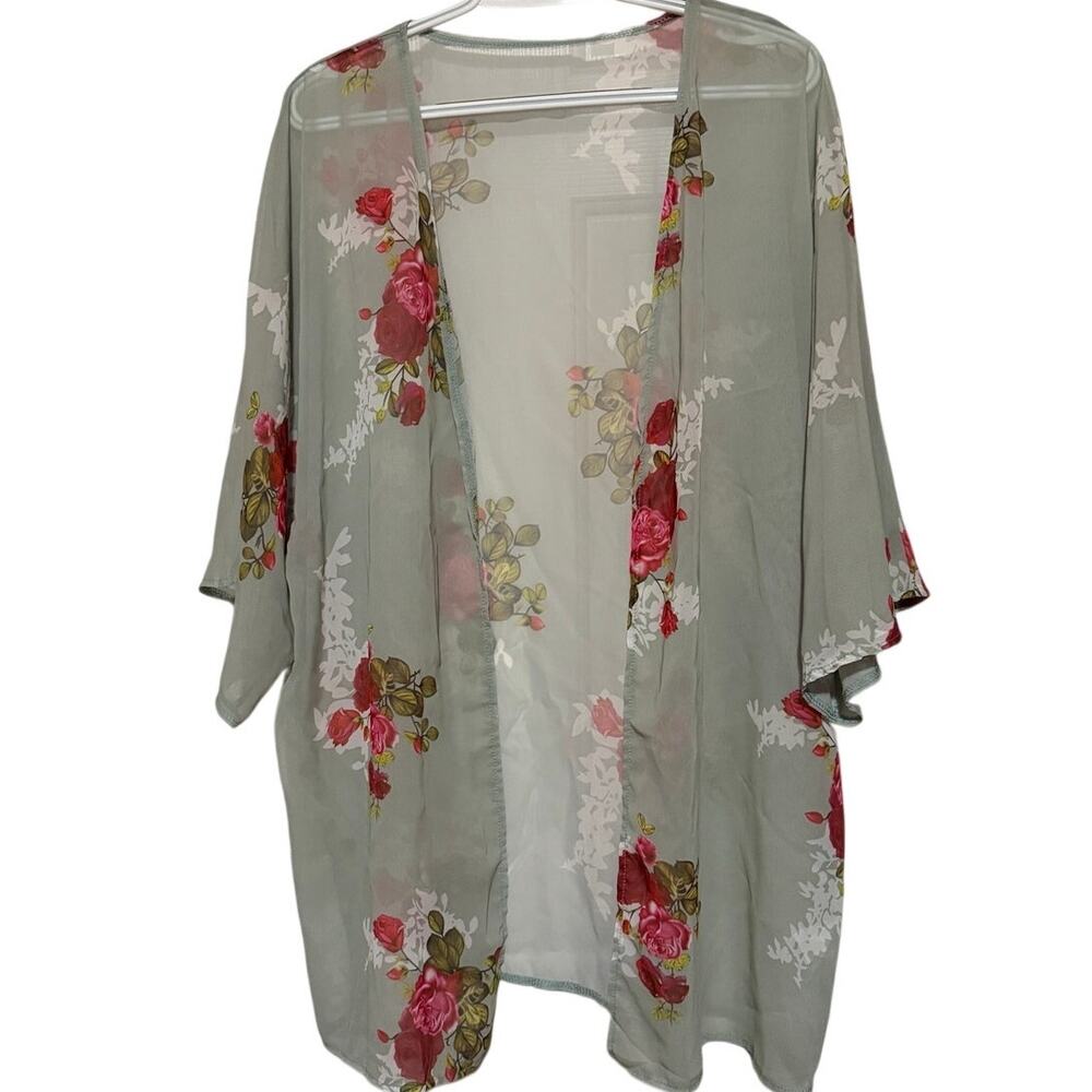 Women’s Sheer Light Green Pink Red Green White Floral Kimono Size XL